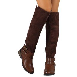 Qupid Vegan Suede Leather Over the Knee Monk Strap Zip Brown Moto Boot